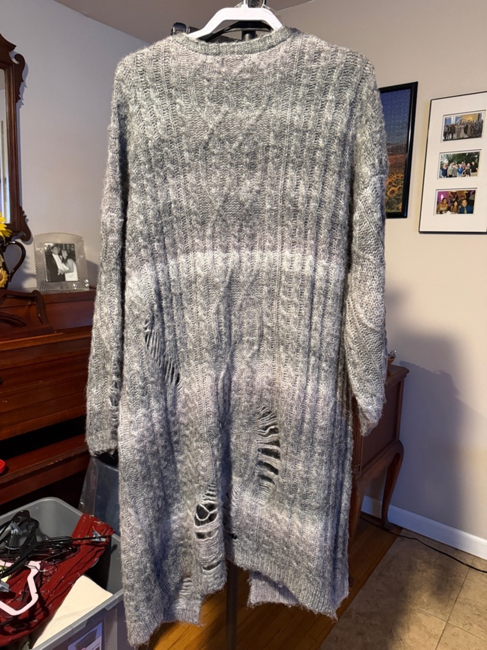 POL Distressed Long Open-Front Cardigan in Grey - Picture 5 of 5